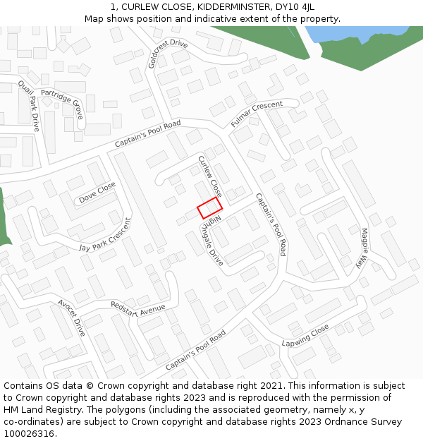 1, CURLEW CLOSE, KIDDERMINSTER, DY10 4JL: Location map and indicative extent of plot
