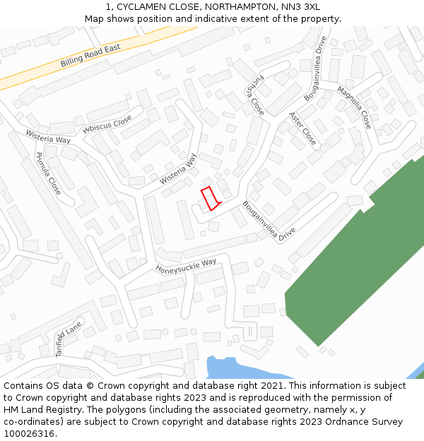 1, CYCLAMEN CLOSE, NORTHAMPTON, NN3 3XL: Location map and indicative extent of plot