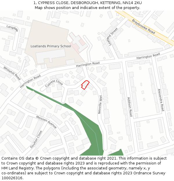 1, CYPRESS CLOSE, DESBOROUGH, KETTERING, NN14 2XU: Location map and indicative extent of plot