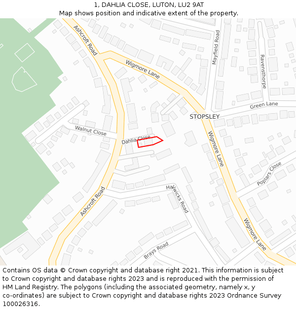1, DAHLIA CLOSE, LUTON, LU2 9AT: Location map and indicative extent of plot