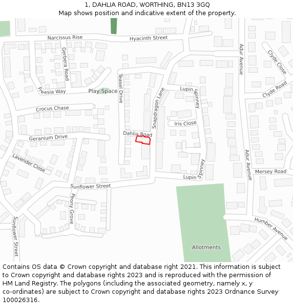 1, DAHLIA ROAD, WORTHING, BN13 3GQ: Location map and indicative extent of plot