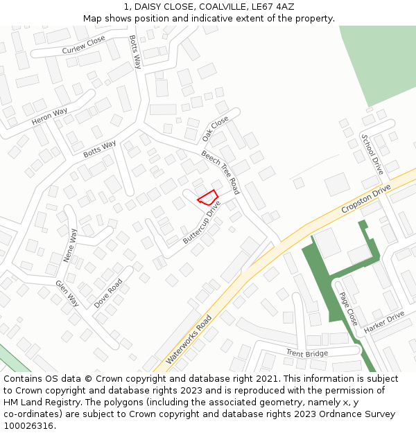 1, DAISY CLOSE, COALVILLE, LE67 4AZ: Location map and indicative extent of plot