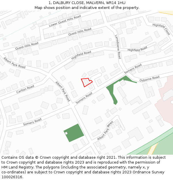 1, DALBURY CLOSE, MALVERN, WR14 1HU: Location map and indicative extent of plot