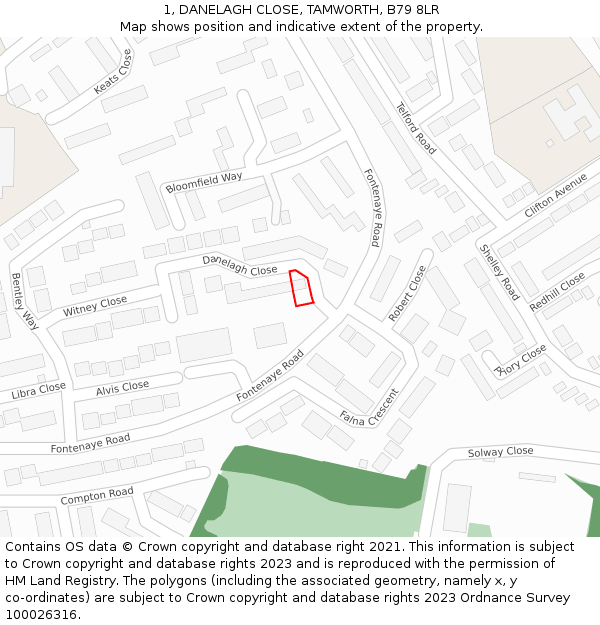 1, DANELAGH CLOSE, TAMWORTH, B79 8LR: Location map and indicative extent of plot