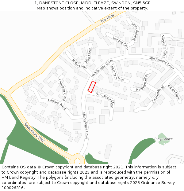 1, DANESTONE CLOSE, MIDDLELEAZE, SWINDON, SN5 5GP: Location map and indicative extent of plot
