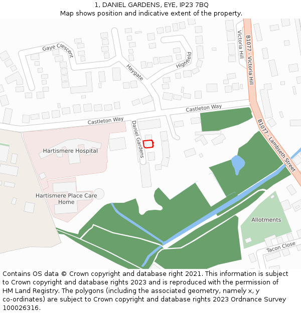 1, DANIEL GARDENS, EYE, IP23 7BQ: Location map and indicative extent of plot