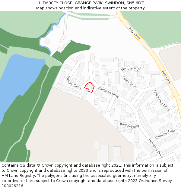 1, DARCEY CLOSE, GRANGE PARK, SWINDON, SN5 6DZ: Location map and indicative extent of plot