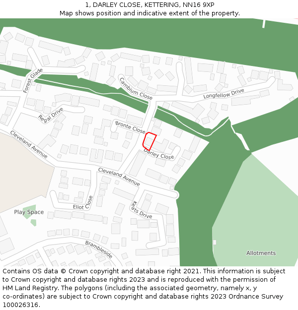 1, DARLEY CLOSE, KETTERING, NN16 9XP: Location map and indicative extent of plot