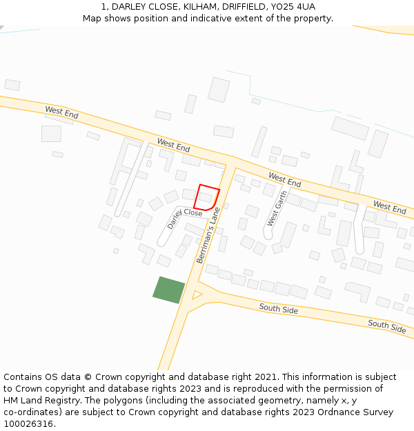 1, DARLEY CLOSE, KILHAM, DRIFFIELD, YO25 4UA: Location map and indicative extent of plot