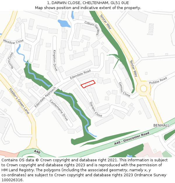 1, DARWIN CLOSE, CHELTENHAM, GL51 0UE: Location map and indicative extent of plot