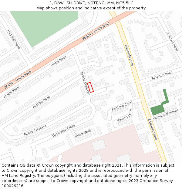 1, DAWLISH DRIVE, NOTTINGHAM, NG5 5HF: Location map and indicative extent of plot