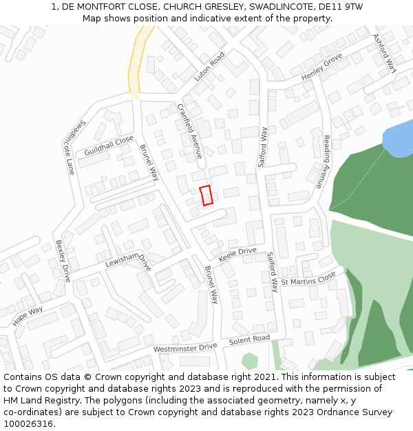 1, DE MONTFORT CLOSE, CHURCH GRESLEY, SWADLINCOTE, DE11 9TW: Location map and indicative extent of plot