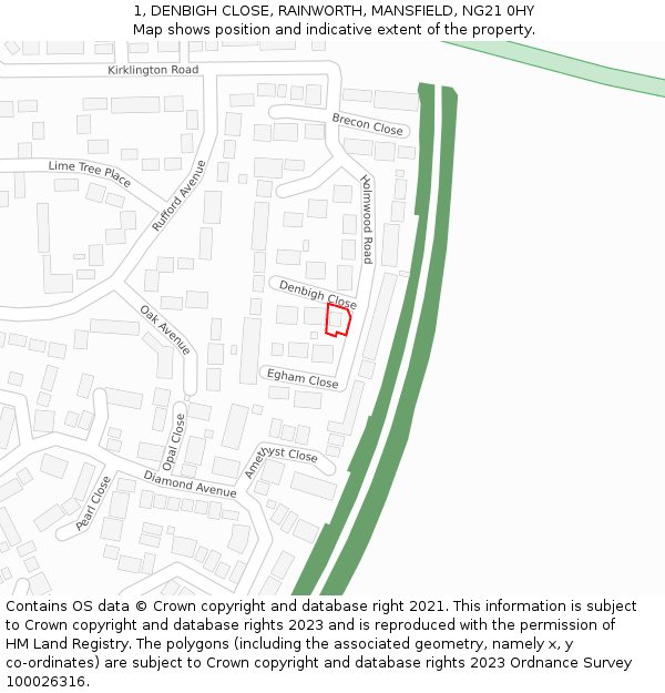 1, DENBIGH CLOSE, RAINWORTH, MANSFIELD, NG21 0HY: Location map and indicative extent of plot