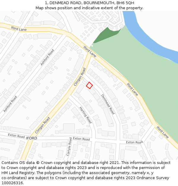 1, DENMEAD ROAD, BOURNEMOUTH, BH6 5QH: Location map and indicative extent of plot
