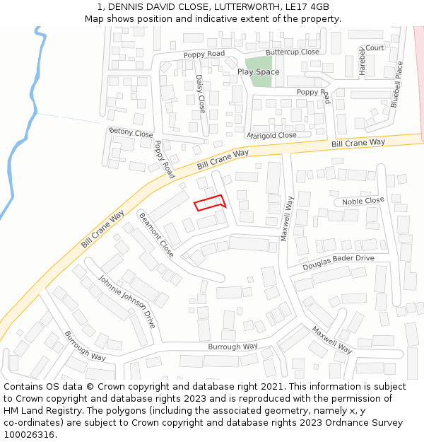 1, DENNIS DAVID CLOSE, LUTTERWORTH, LE17 4GB: Location map and indicative extent of plot