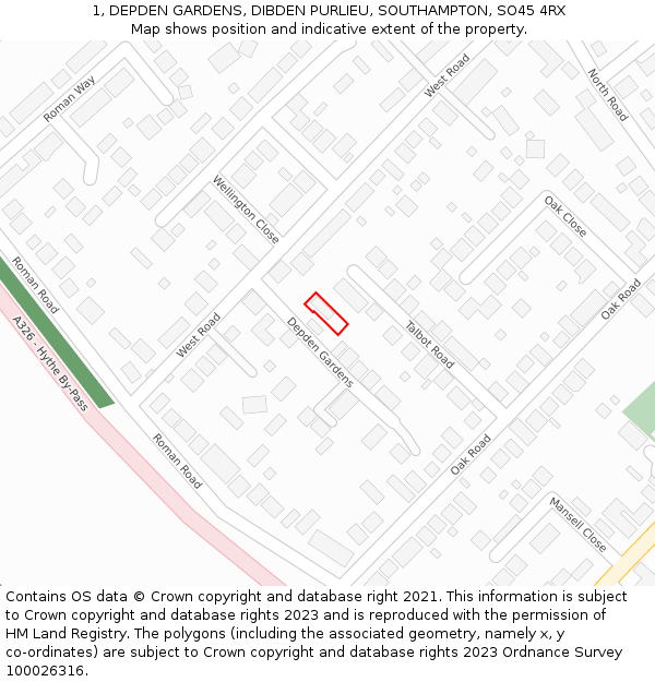 1, DEPDEN GARDENS, DIBDEN PURLIEU, SOUTHAMPTON, SO45 4RX: Location map and indicative extent of plot