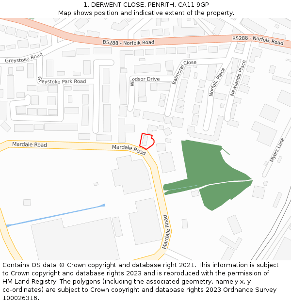 1, DERWENT CLOSE, PENRITH, CA11 9GP: Location map and indicative extent of plot