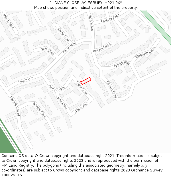 1, DIANE CLOSE, AYLESBURY, HP21 9XY: Location map and indicative extent of plot