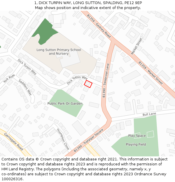 1, DICK TURPIN WAY, LONG SUTTON, SPALDING, PE12 9EP: Location map and indicative extent of plot