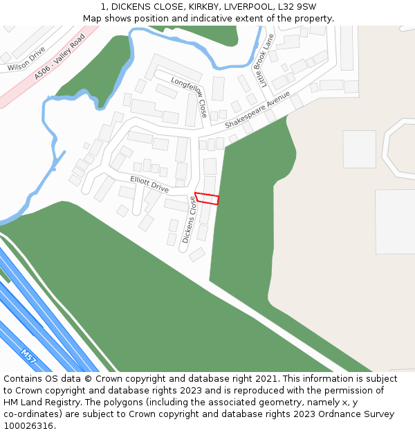 1, DICKENS CLOSE, KIRKBY, LIVERPOOL, L32 9SW: Location map and indicative extent of plot