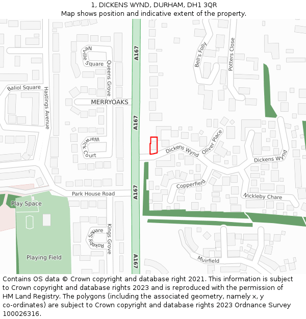 1, DICKENS WYND, DURHAM, DH1 3QR: Location map and indicative extent of plot