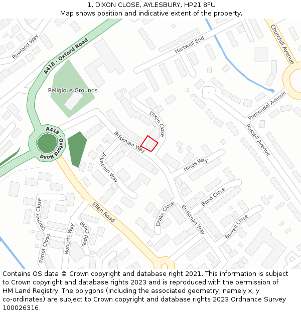 1, DIXON CLOSE, AYLESBURY, HP21 8FU: Location map and indicative extent of plot