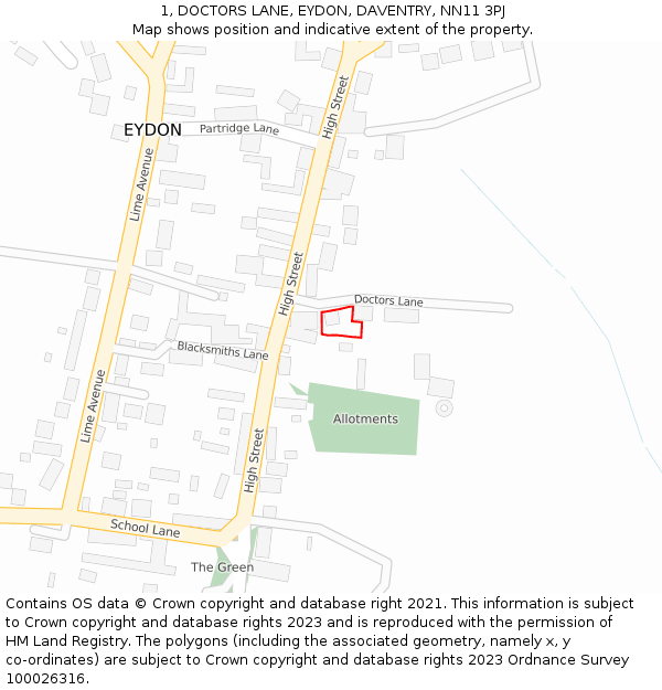 1, DOCTORS LANE, EYDON, DAVENTRY, NN11 3PJ: Location map and indicative extent of plot
