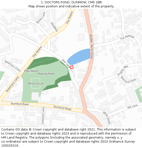 1, DOCTORS POND, DUNMOW, CM6 1BB: Location map and indicative extent of plot