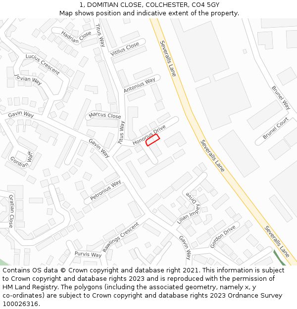 1, DOMITIAN CLOSE, COLCHESTER, CO4 5GY: Location map and indicative extent of plot