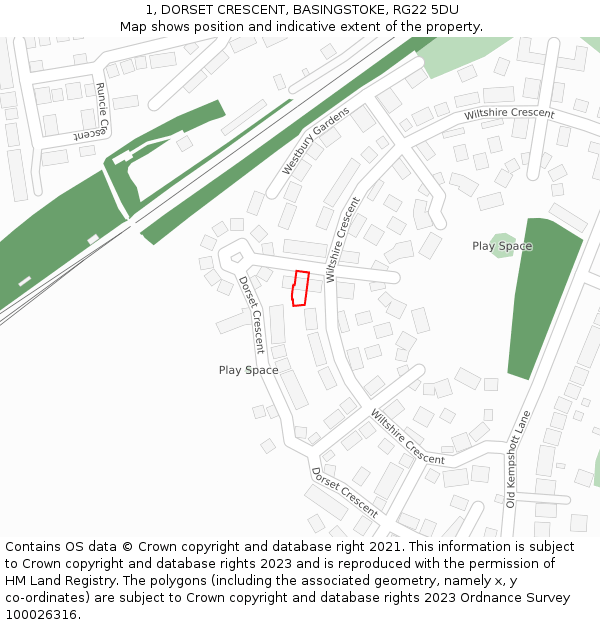 1, DORSET CRESCENT, BASINGSTOKE, RG22 5DU: Location map and indicative extent of plot
