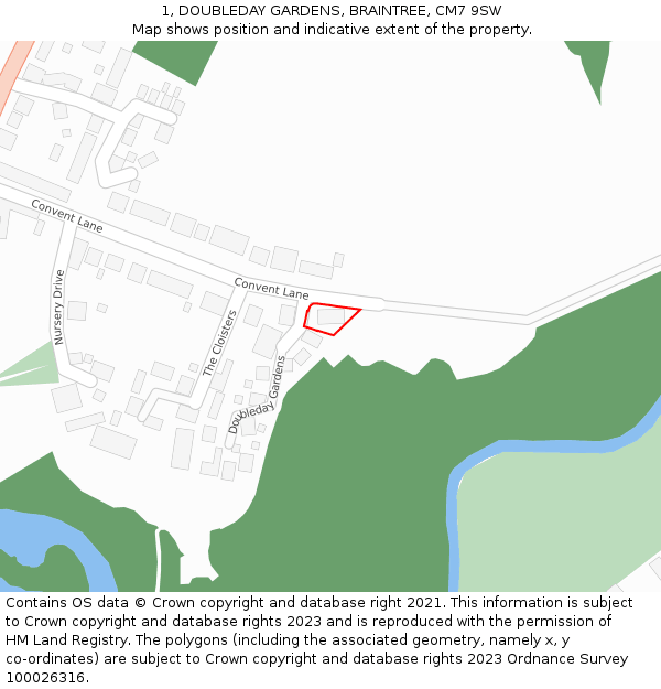 1, DOUBLEDAY GARDENS, BRAINTREE, CM7 9SW: Location map and indicative extent of plot