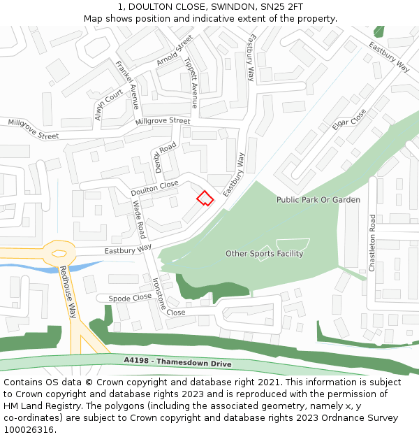 1, DOULTON CLOSE, SWINDON, SN25 2FT: Location map and indicative extent of plot