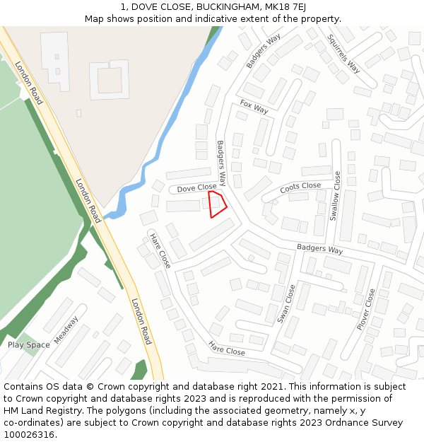 1, DOVE CLOSE, BUCKINGHAM, MK18 7EJ: Location map and indicative extent of plot