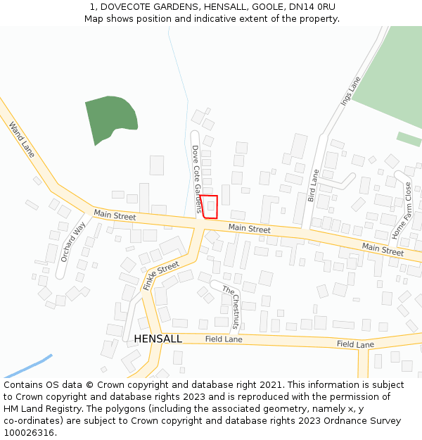 1, DOVECOTE GARDENS, HENSALL, GOOLE, DN14 0RU: Location map and indicative extent of plot