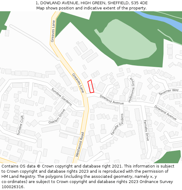 1, DOWLAND AVENUE, HIGH GREEN, SHEFFIELD, S35 4DE: Location map and indicative extent of plot