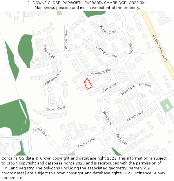 1, DOWNE CLOSE, PAPWORTH EVERARD, CAMBRIDGE, CB23 3XH: Location map and indicative extent of plot