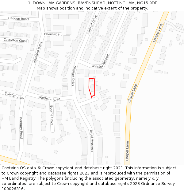 1, DOWNHAM GARDENS, RAVENSHEAD, NOTTINGHAM, NG15 9DF: Location map and indicative extent of plot