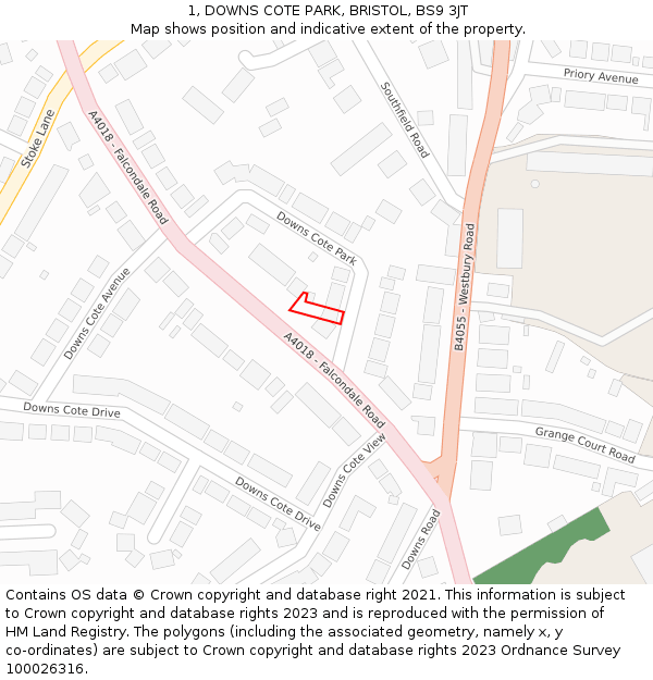 1, DOWNS COTE PARK, BRISTOL, BS9 3JT: Location map and indicative extent of plot