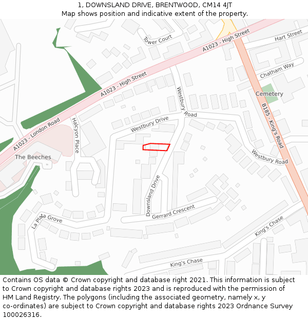 1, DOWNSLAND DRIVE, BRENTWOOD, CM14 4JT: Location map and indicative extent of plot