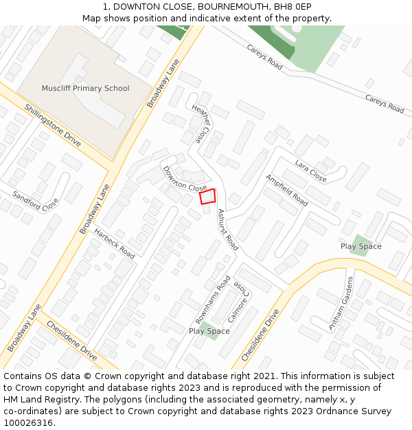 1, DOWNTON CLOSE, BOURNEMOUTH, BH8 0EP: Location map and indicative extent of plot