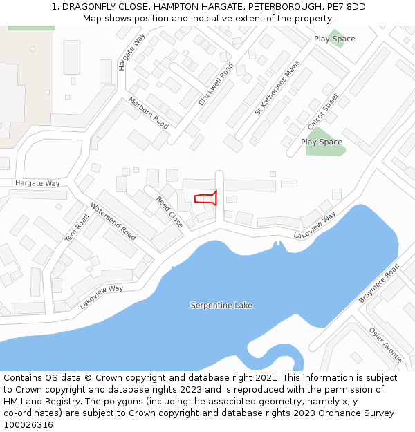 1, DRAGONFLY CLOSE, HAMPTON HARGATE, PETERBOROUGH, PE7 8DD: Location map and indicative extent of plot