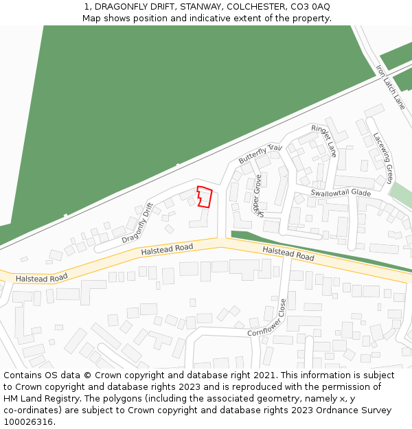 1, DRAGONFLY DRIFT, STANWAY, COLCHESTER, CO3 0AQ: Location map and indicative extent of plot