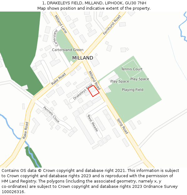 1, DRAKELEYS FIELD, MILLAND, LIPHOOK, GU30 7NH: Location map and indicative extent of plot