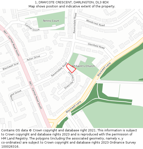 1, DRAYCOTE CRESCENT, DARLINGTON, DL3 8DX: Location map and indicative extent of plot