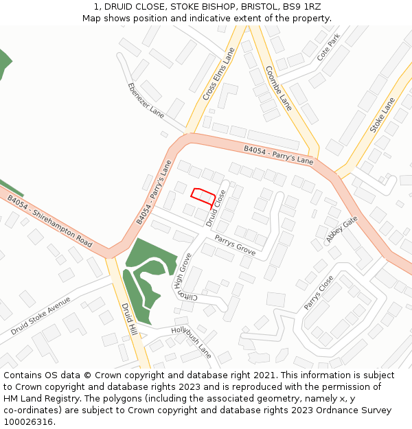 1, DRUID CLOSE, STOKE BISHOP, BRISTOL, BS9 1RZ: Location map and indicative extent of plot