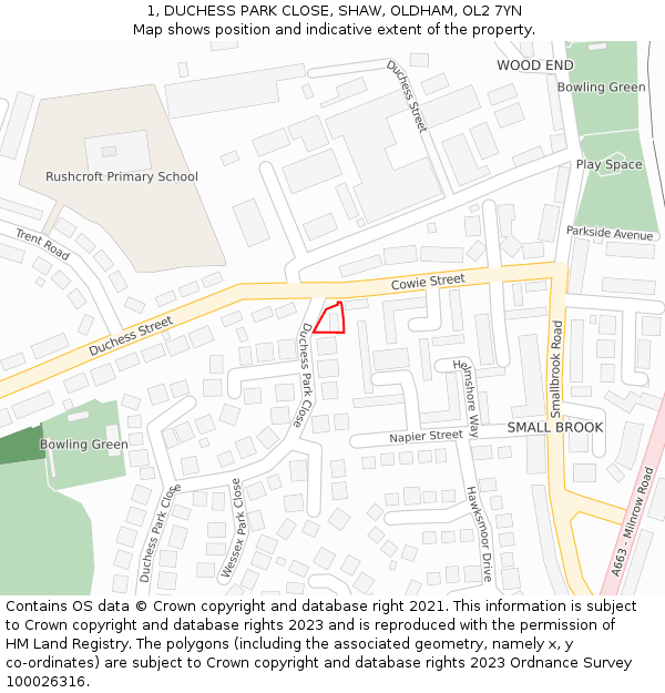 1, DUCHESS PARK CLOSE, SHAW, OLDHAM, OL2 7YN: Location map and indicative extent of plot