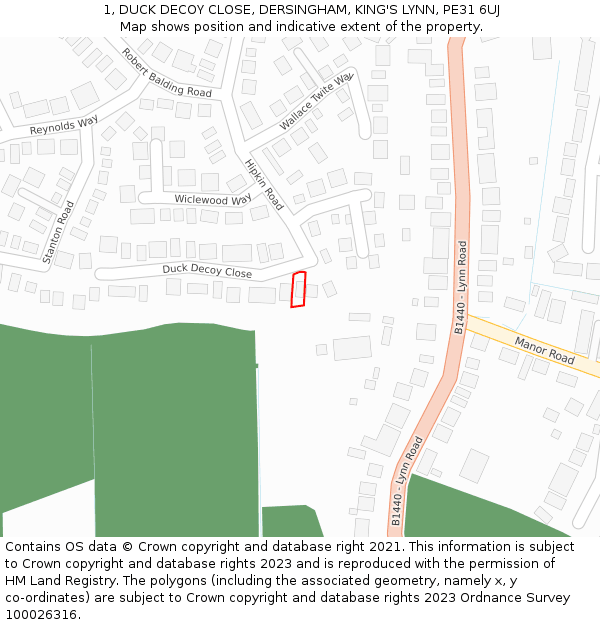 1, DUCK DECOY CLOSE, DERSINGHAM, KING'S LYNN, PE31 6UJ: Location map and indicative extent of plot