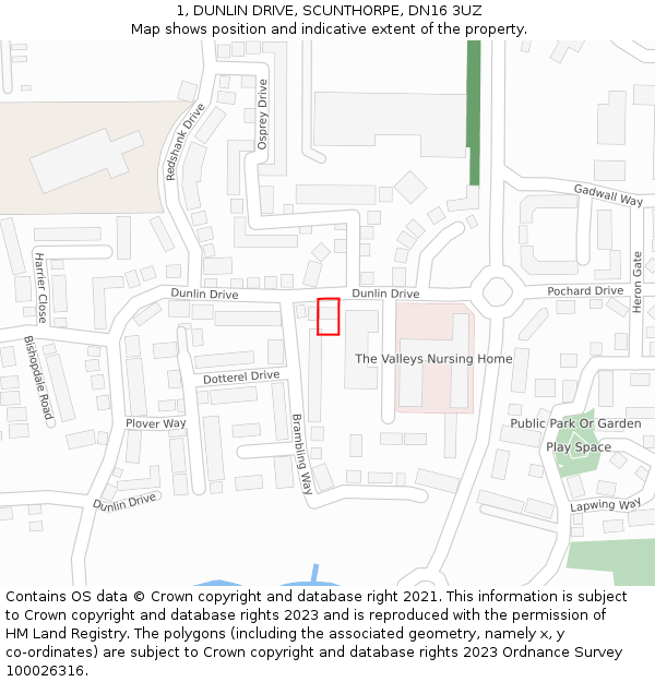 1, DUNLIN DRIVE, SCUNTHORPE, DN16 3UZ: Location map and indicative extent of plot