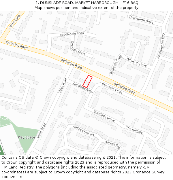 1, DUNSLADE ROAD, MARKET HARBOROUGH, LE16 8AQ: Location map and indicative extent of plot