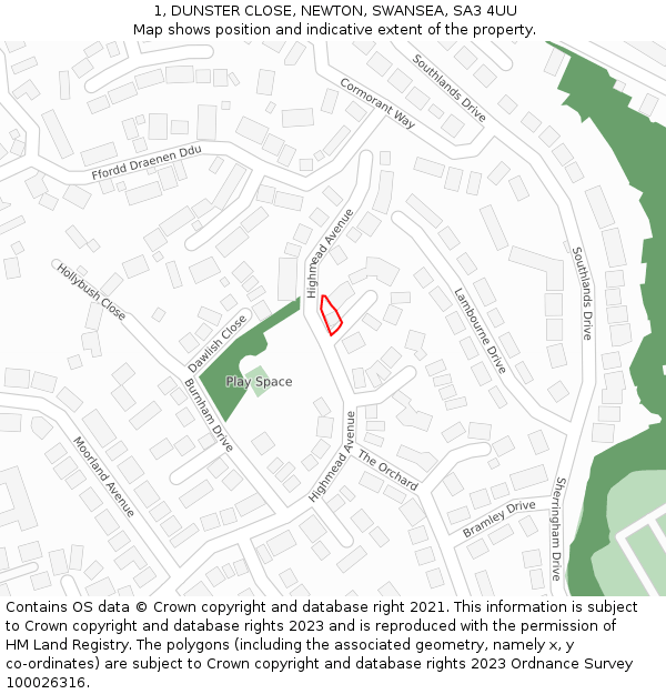 1, DUNSTER CLOSE, NEWTON, SWANSEA, SA3 4UU: Location map and indicative extent of plot